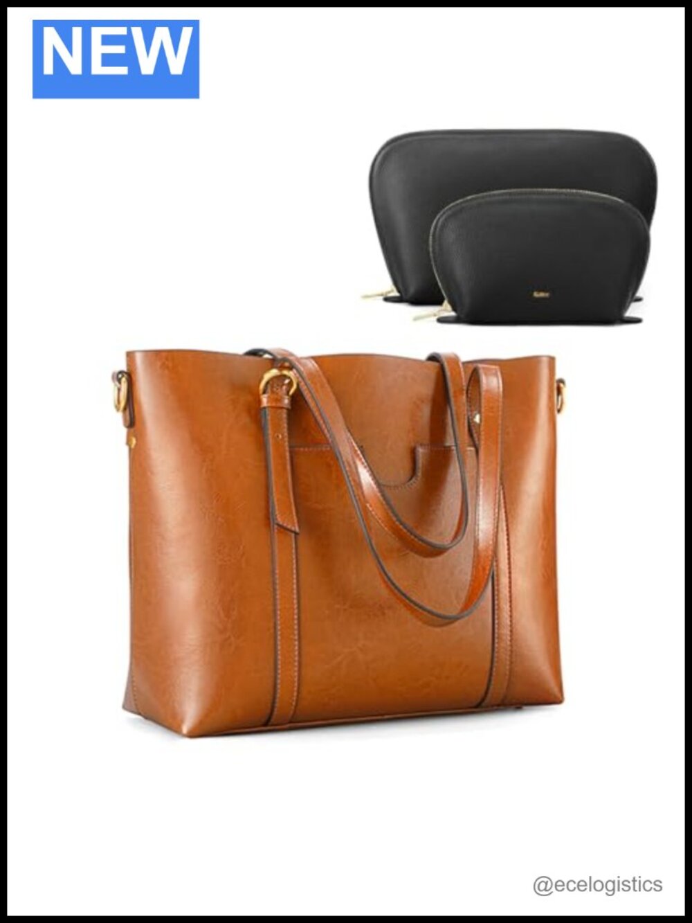 Genuine Leather Tote Bag with Cosmetic Pouch Organizer, Shoulder Handbag Purse,